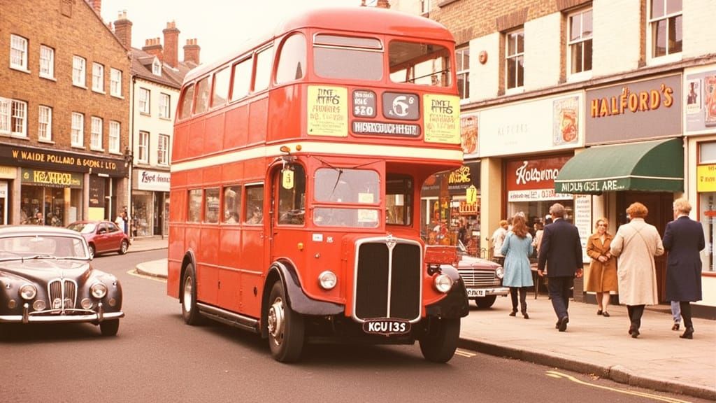 Vintage Red Bus in 1960s Sepia-Toned London Suburb