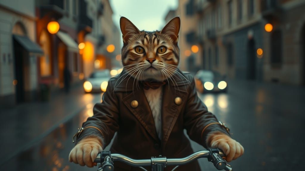 Elegant Cat Cruises Down Rainy Street in Cinematic Style