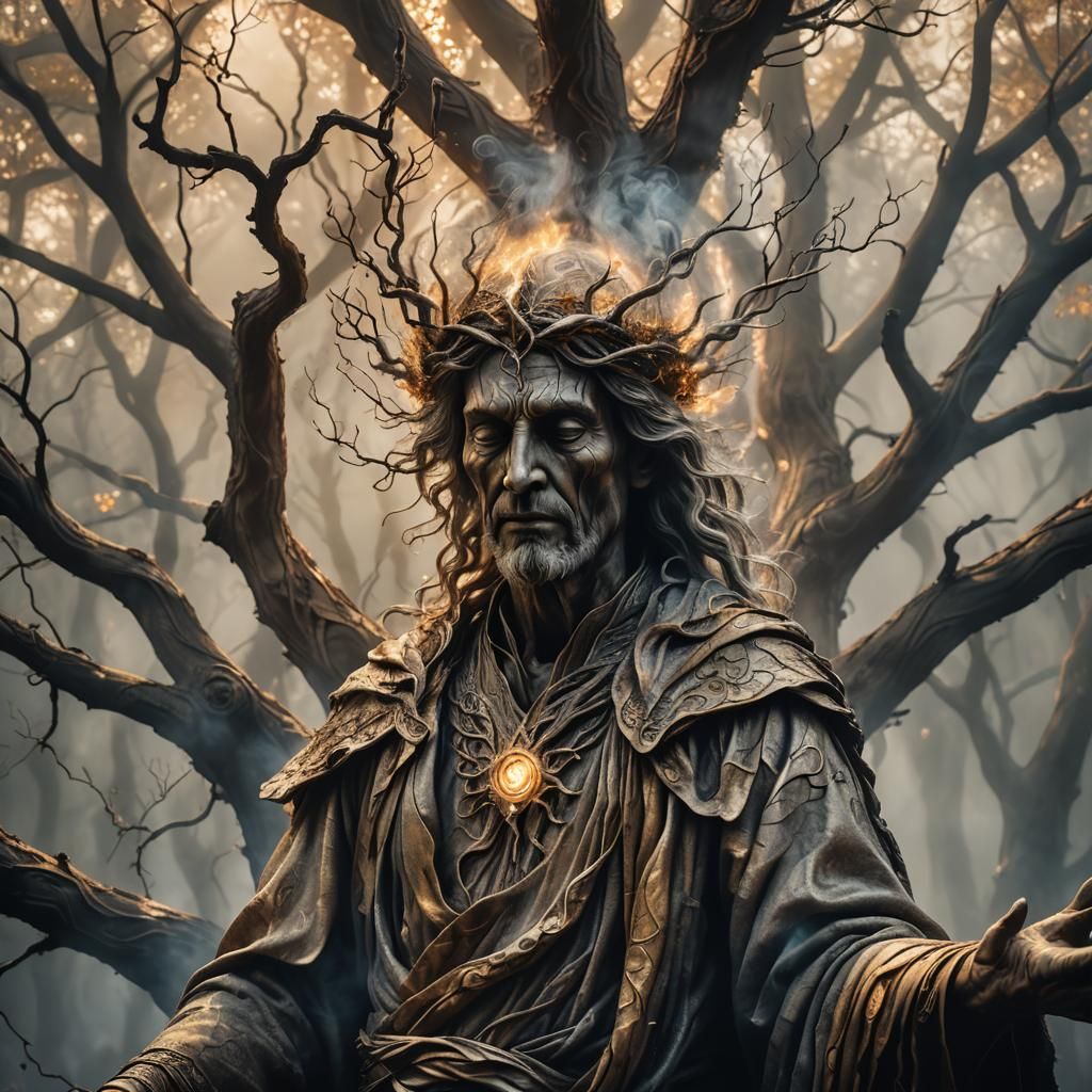 Ethereal Figure of Wisdom Emerging from Smoky Tree