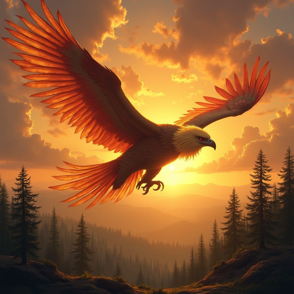 Majestic Griffin Soars in Vibrant Sunset Sky with Golden Fea...