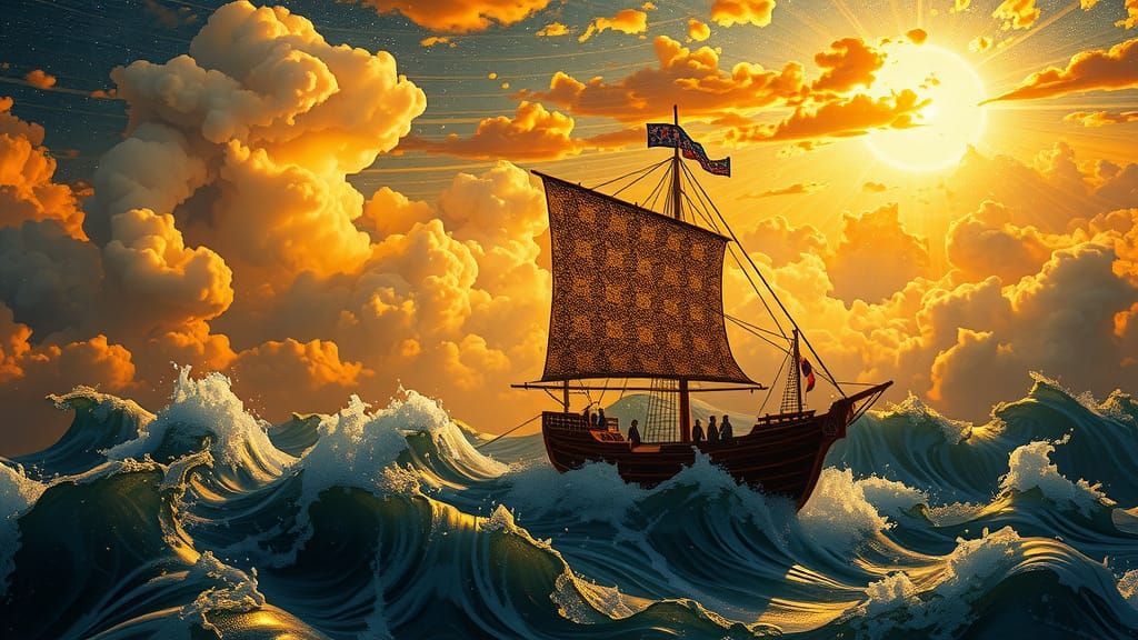 Miniature Ship Sailing Through Lace Clouds, Pointillism Art