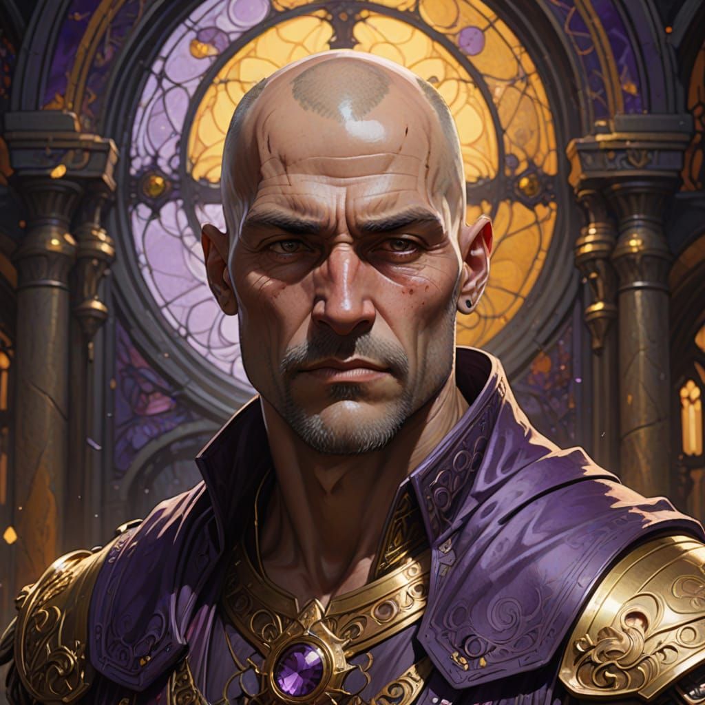 Muscular Bald Man in Black and Gold, Dark Fantasy Art