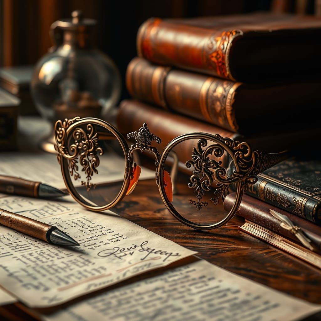 Ornate Vintage-Inspired Glasses on Antique Desk