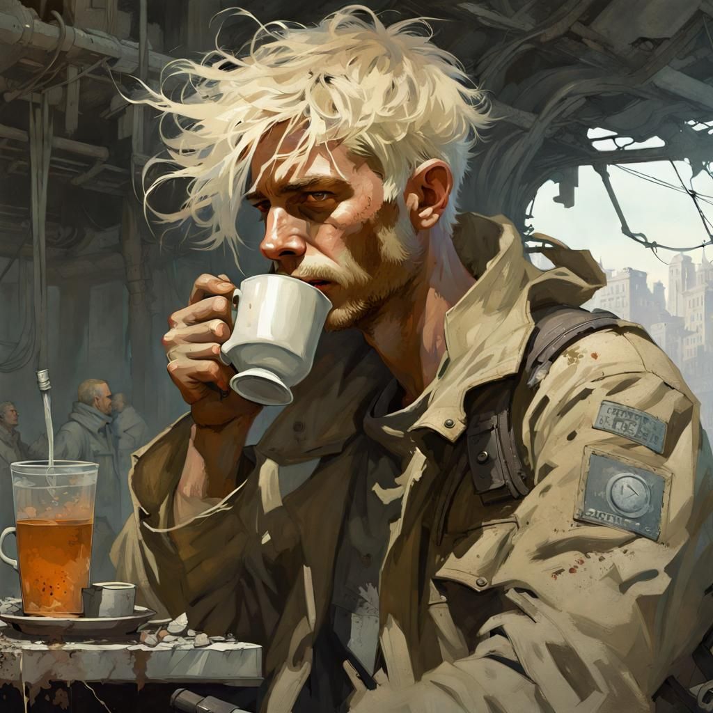 Post-Apocalyptic Man Drinking Tea: Hyperdetailed Concept Art