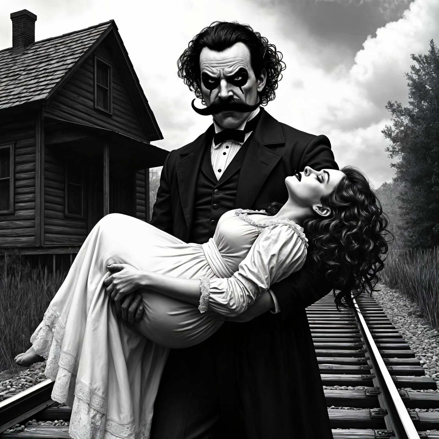 Villainous Moustache Man: 1920s Black and White Film Still