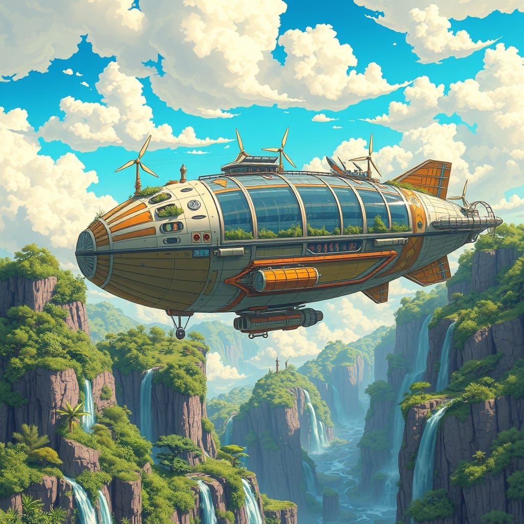 Whimsical Solarpunk Airship Sails Through Cloudy Skies