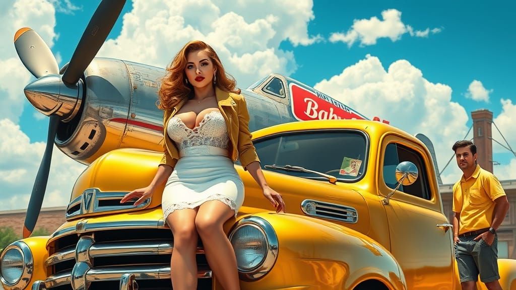 Sultry Pin-Up Girl Sits Confidently on Vintage Golden Truck ...