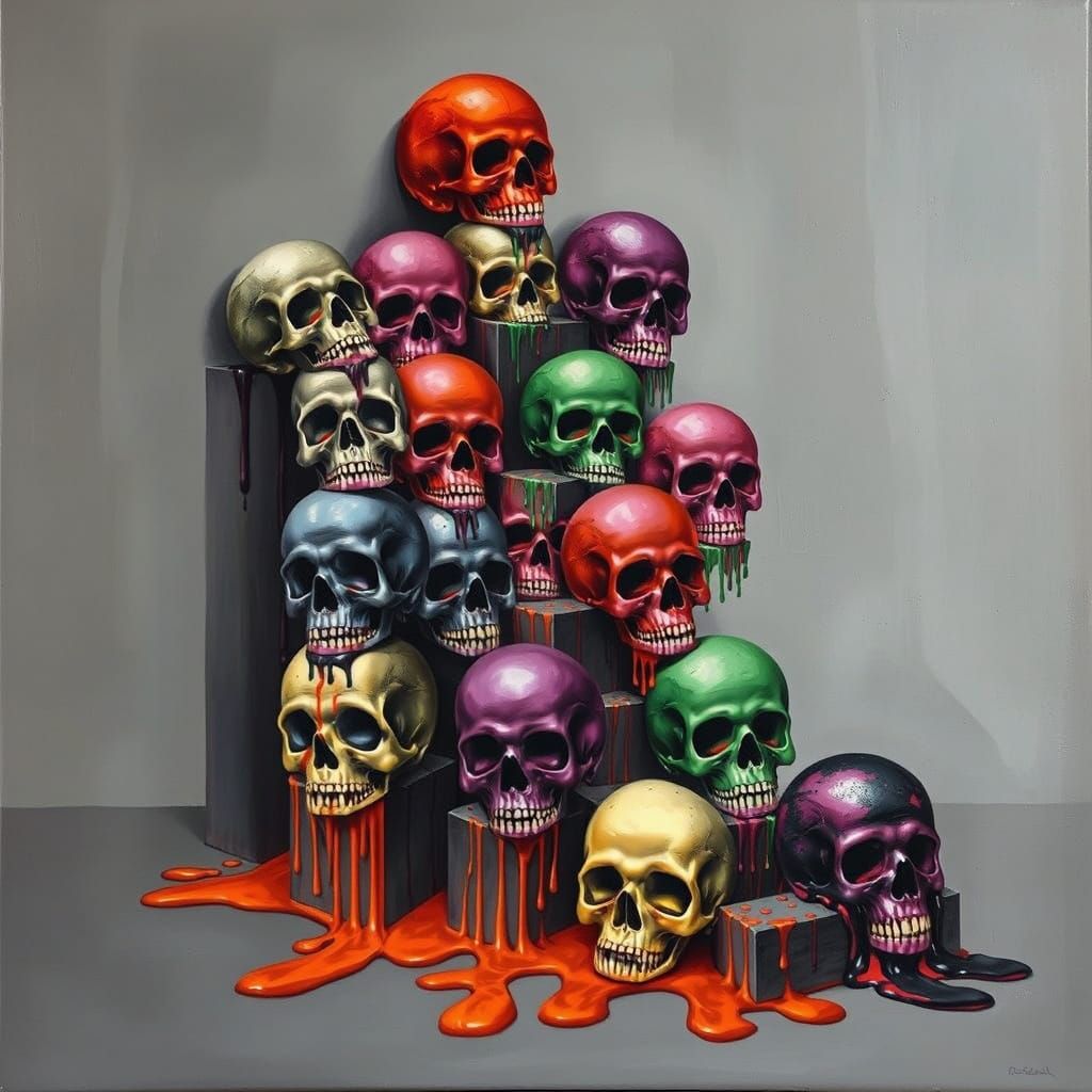 Escher-Inspired Melting Skull Staircase in Vibrant Surrealis...