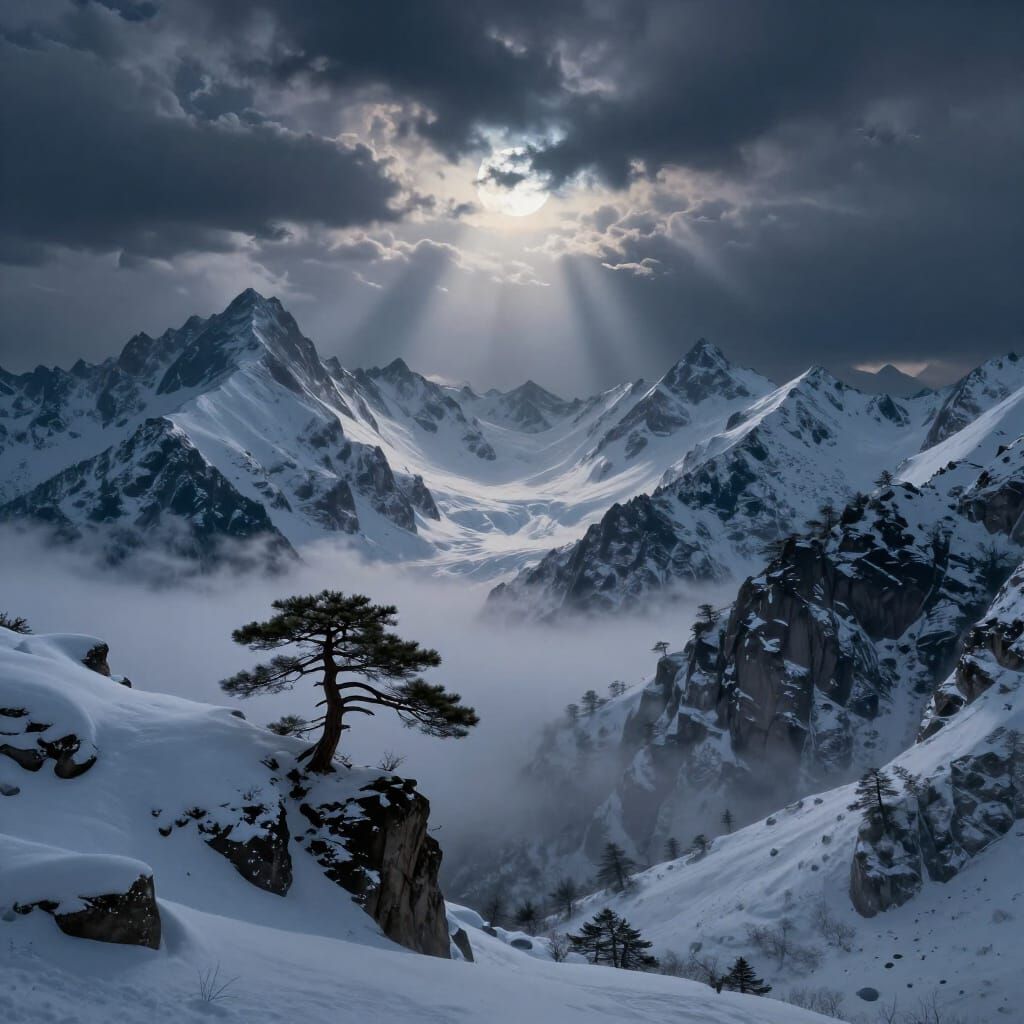 Epic Snowy Mountain Range Under Stormy Twilight Sky