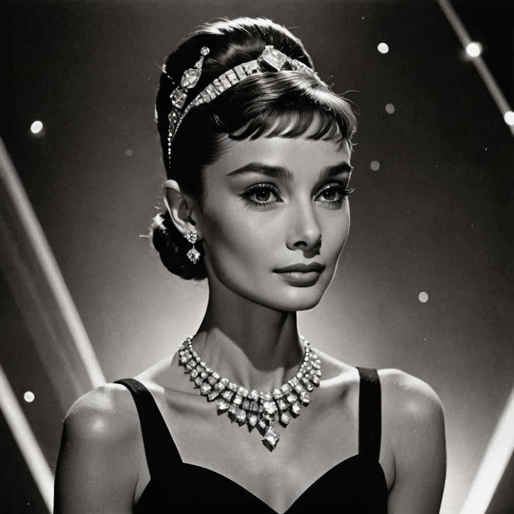 Audrey Hepburn in Black and White with Futuristic Jewelry