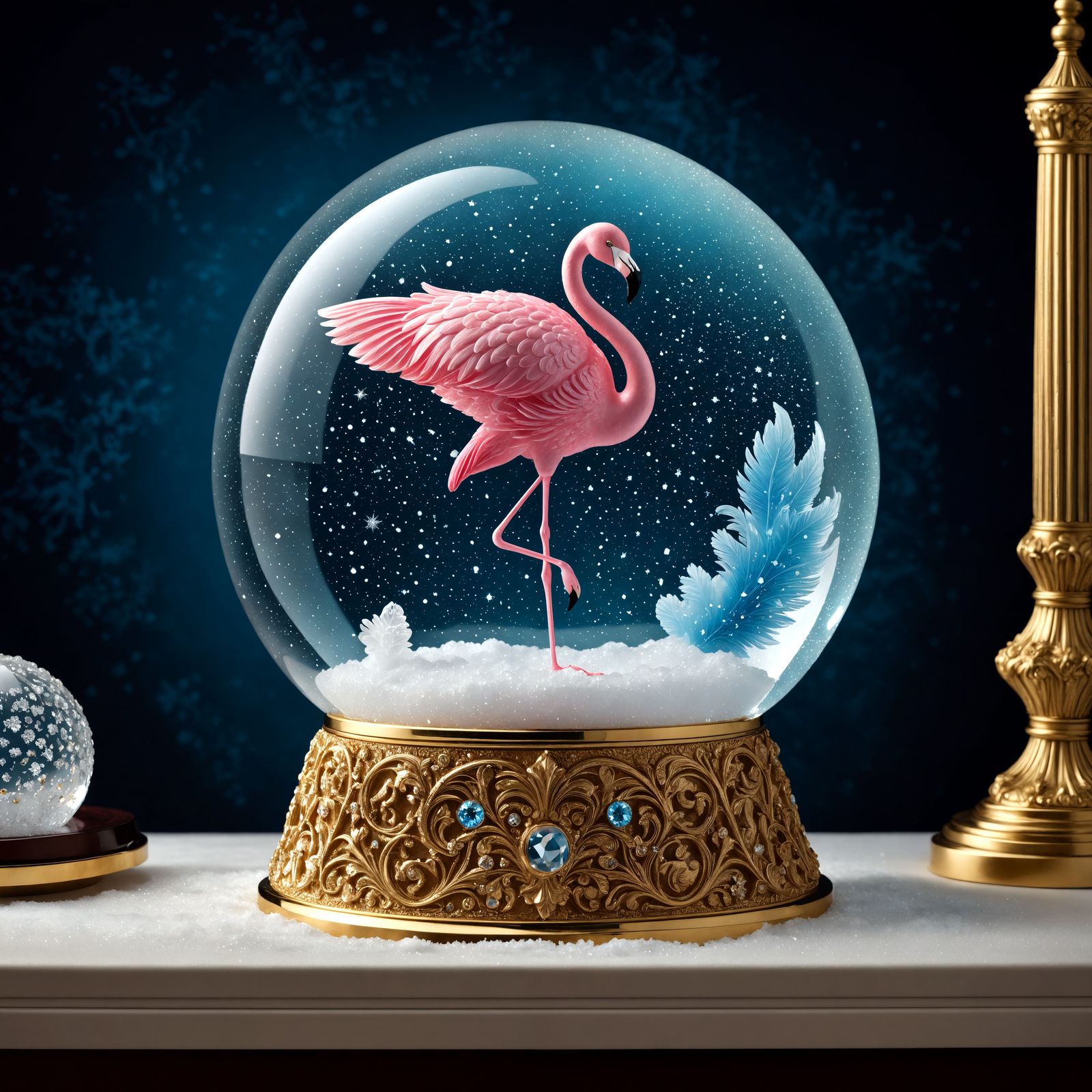 Crystal Snow Globe with Jeweled Flamingo in Art Deco Winter...