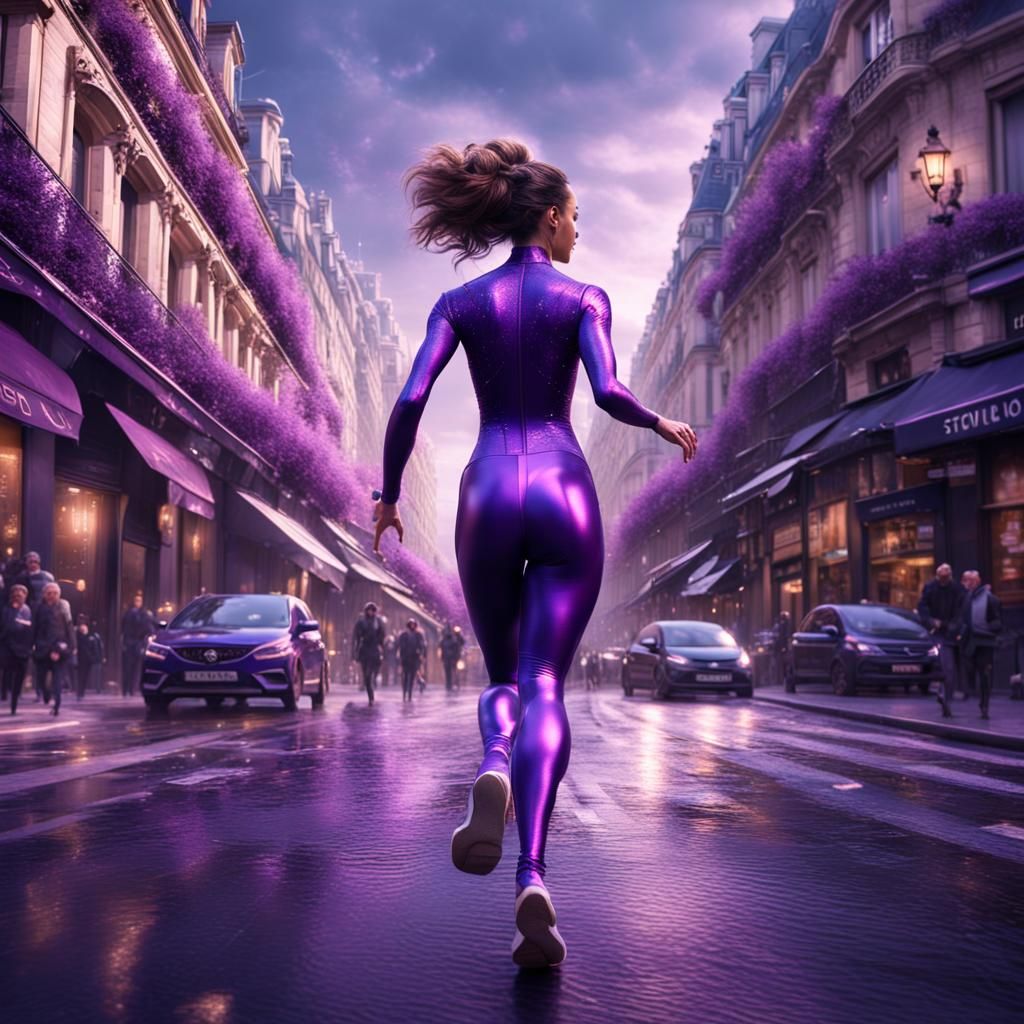 Woman in Spandex Running Through Paris, Digital Art