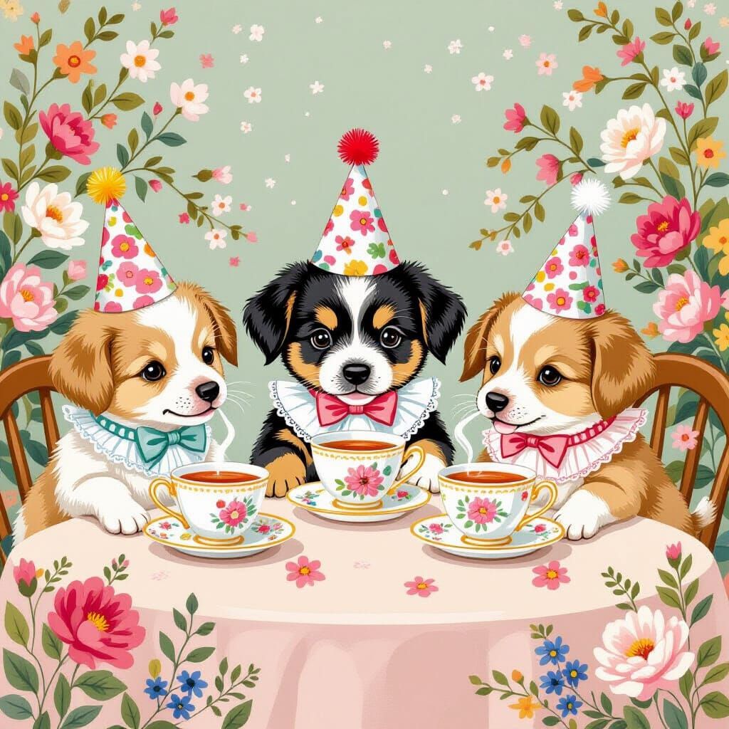 Puppies Tea Party in Beatrix Potter Style