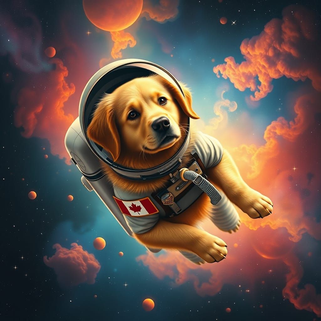 Golden Retriever Astronaut in Vintage Sci-Fi Nebula