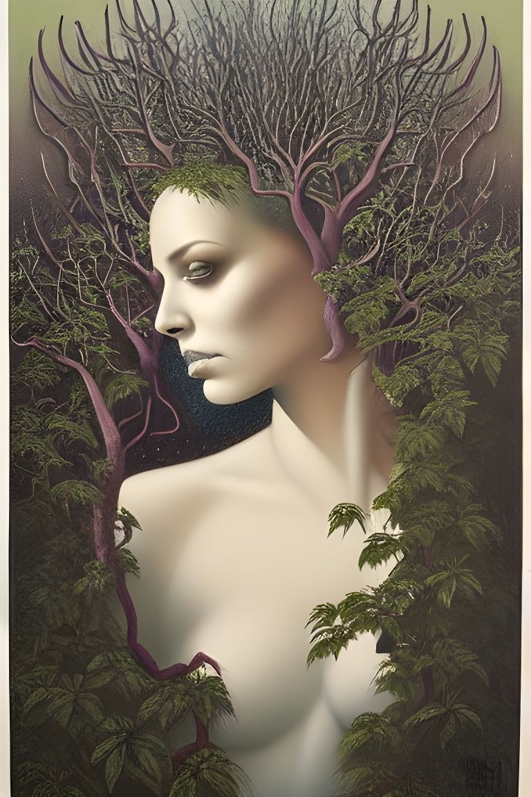 Dryad Portrait Surrounded by Lush Foliage
