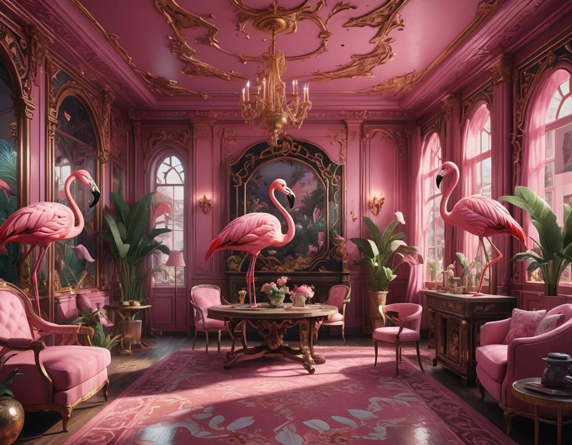 Pink Flamingo Theme Parlor in Detailed Matte Painting