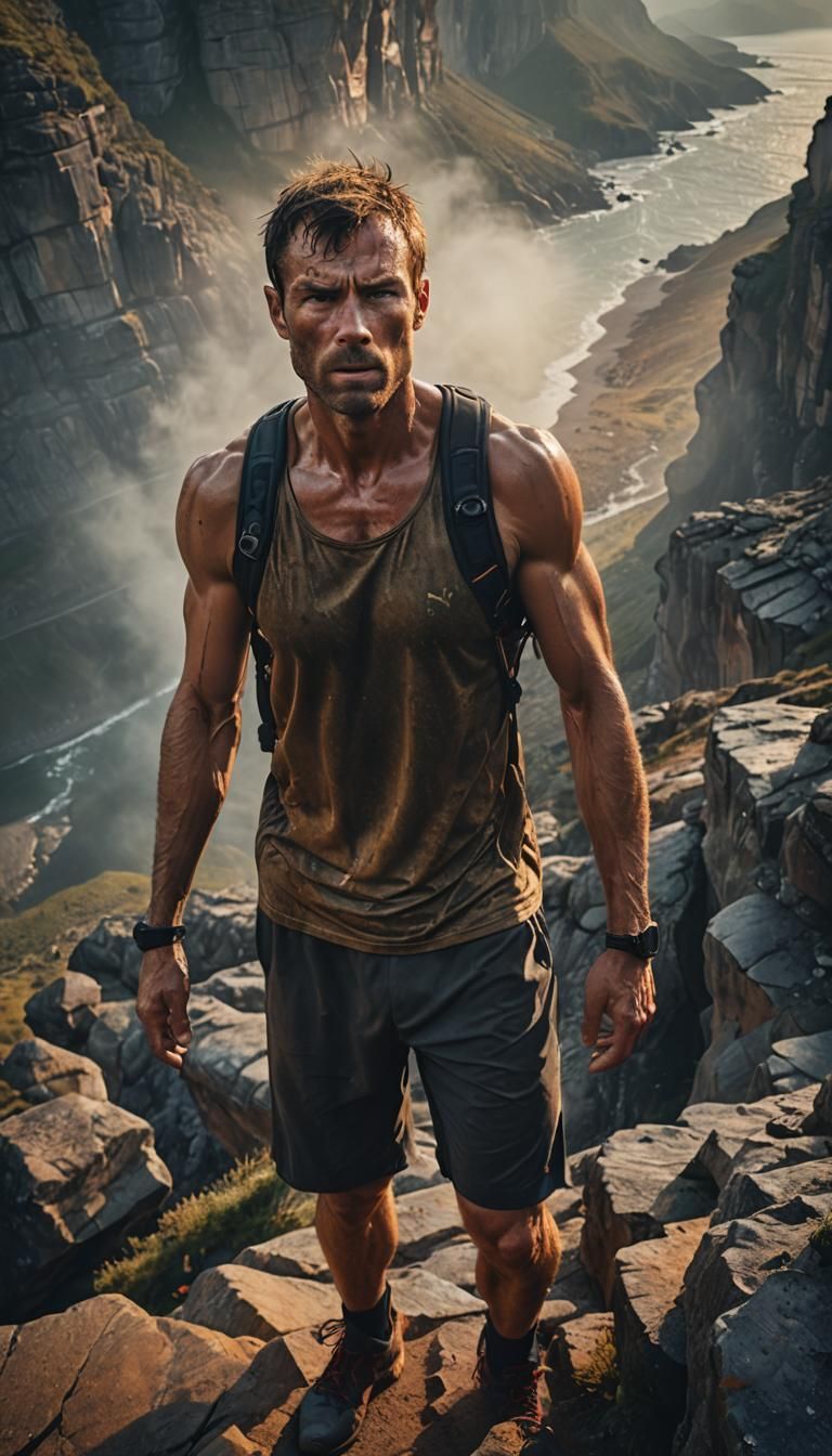 Exhausted Athlete on Cliff Edge in Cinematic Still