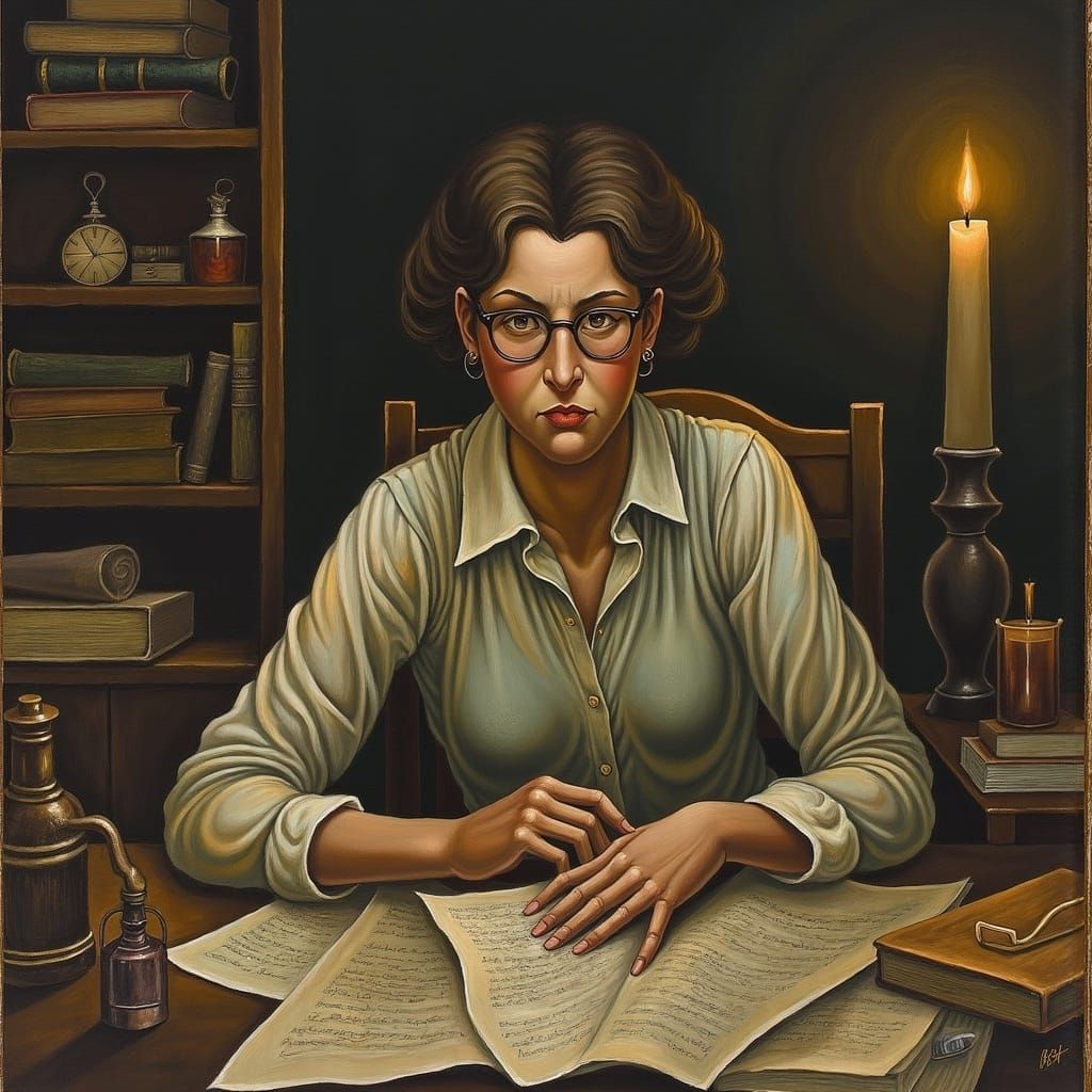 Introspective Woman in Dim Study, Etching Style