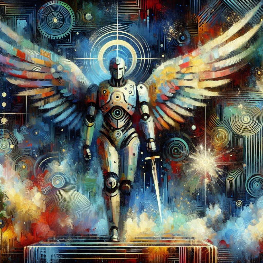 Retrofuture Robot Angel-Warrior in Cosmic Paradise
