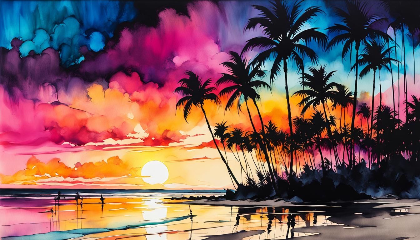 Sunset Beach Alcohol Ink Painting in Expressive Style