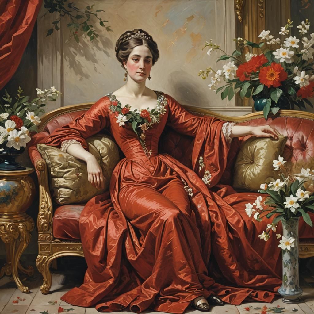 Woman in Red Dress: Neoclassical Impasto Painting