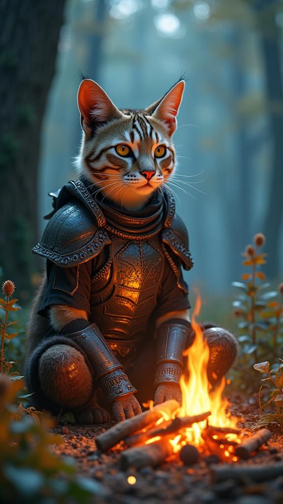 Pixel Art Cat Warrior by Bonfire in Forest