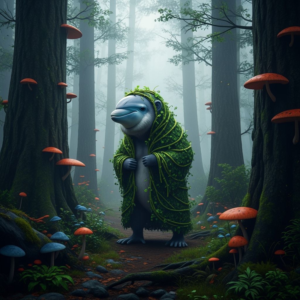 Dolphin-Monkey Hybrid in Misty Forest: Matte Painting