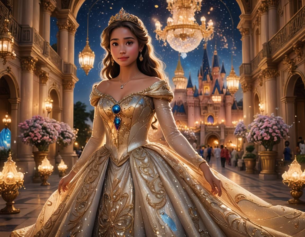 A beautiful Disney princess with big, expressive eyes and an elegant dress, set in a grand palace with a glowing night s...