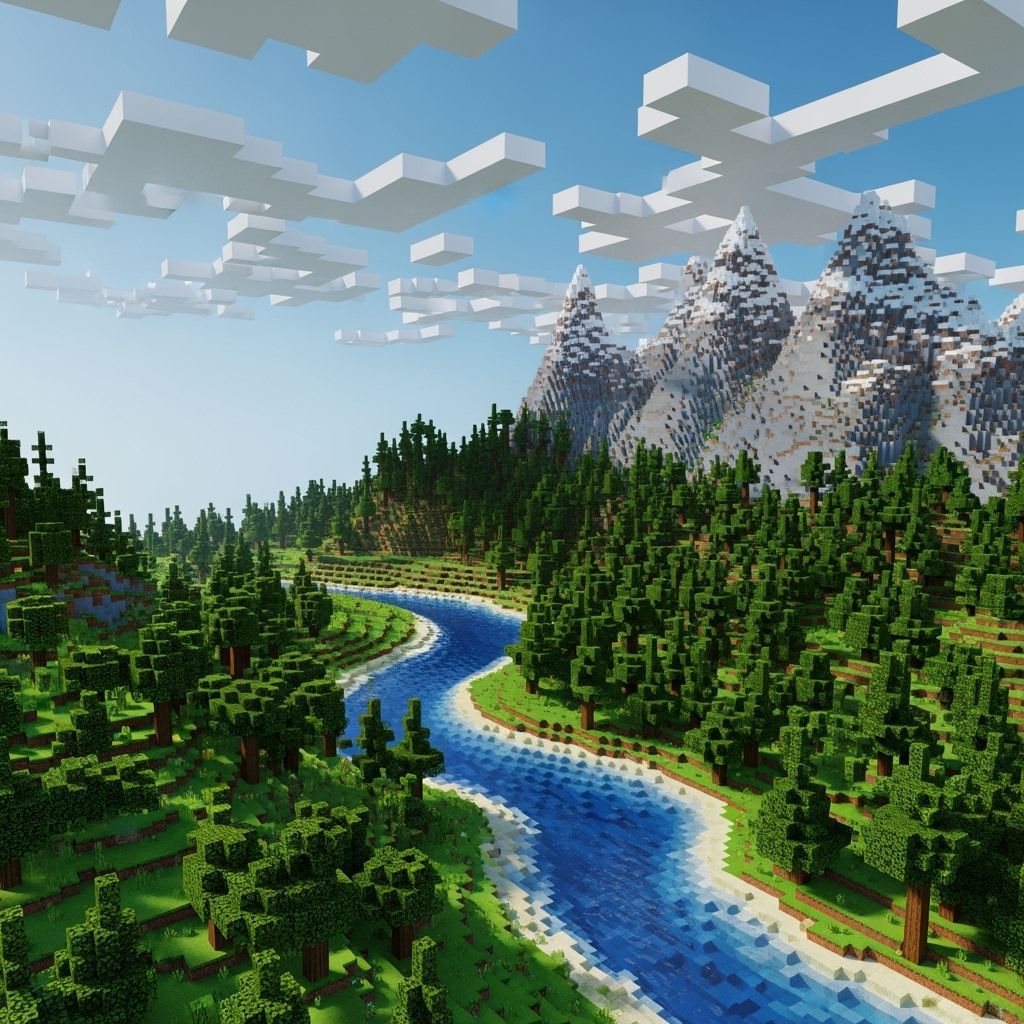 Minecraft-Inspired Voxel Landscape with Mountains and River