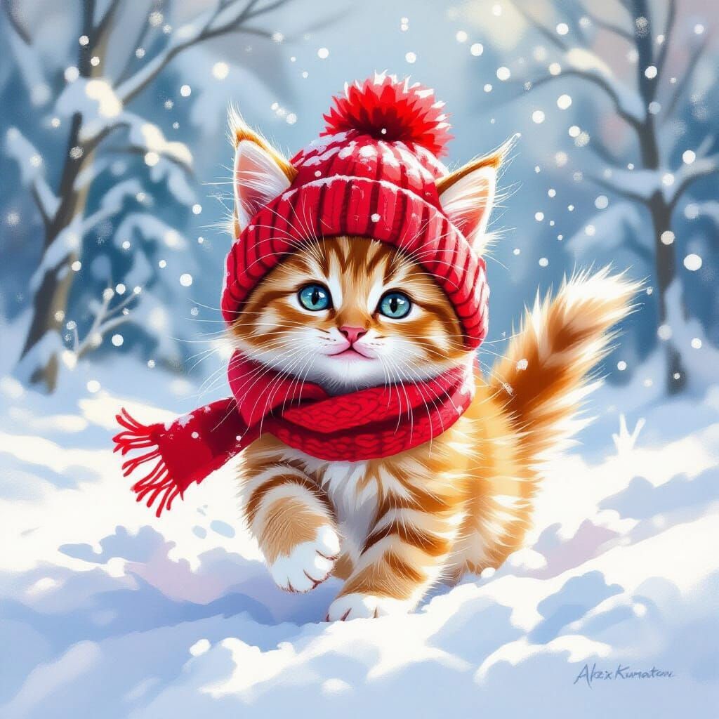 Fluffy Red Kitten in Knitted Hat Joyful in Snow