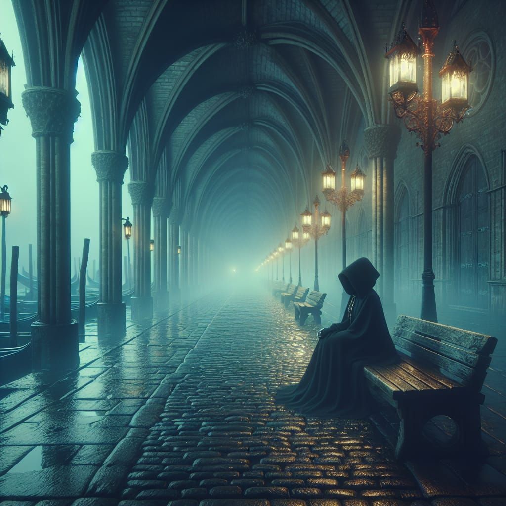 Eerie Quay: Hooded Figure in Enigmatic Fog