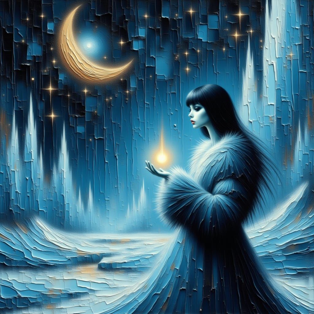 Ethereal Woman in Icy Landscape Under Celestial Glow