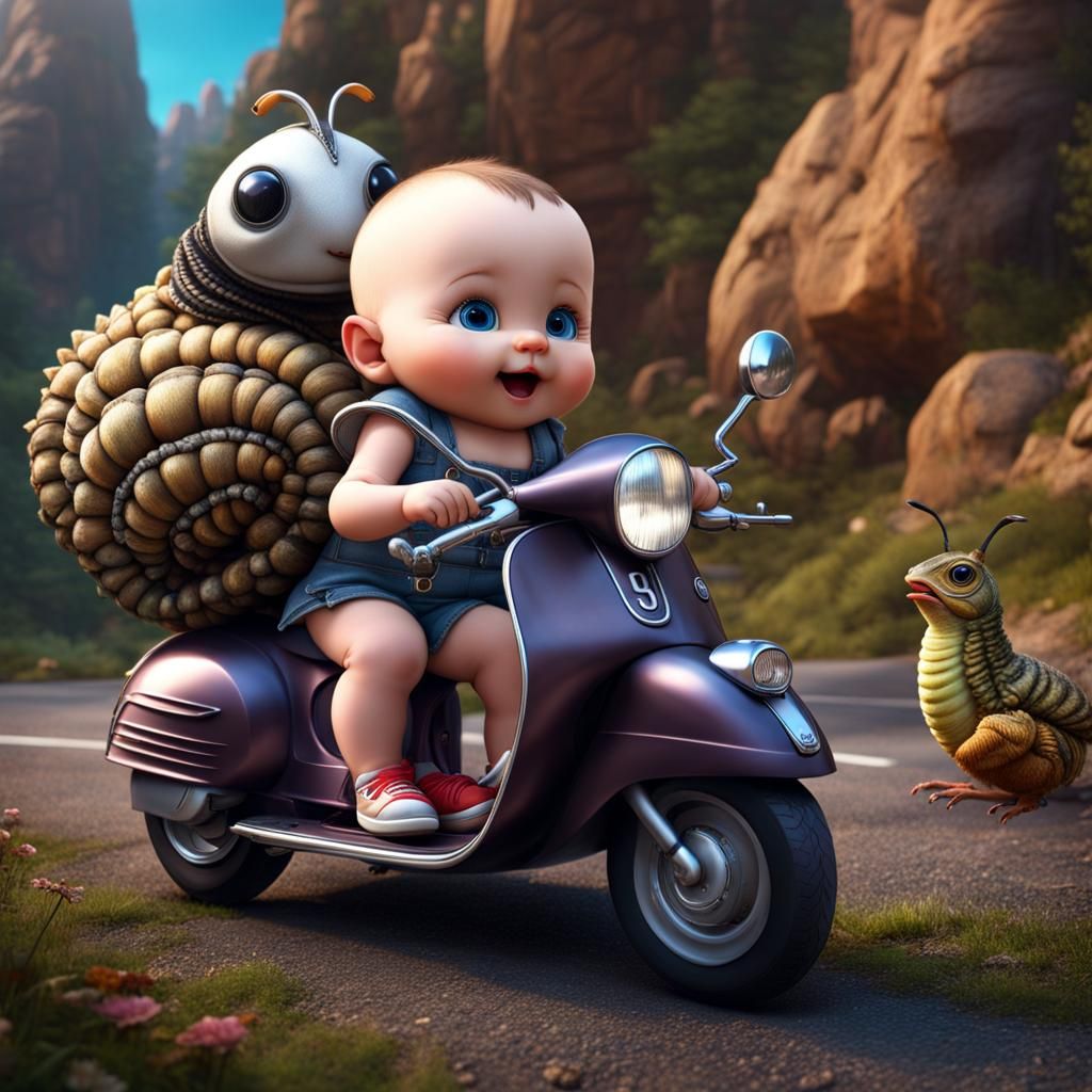 Baby Girl and Silkworm Pet on Vespa, Detailed Matte Painting