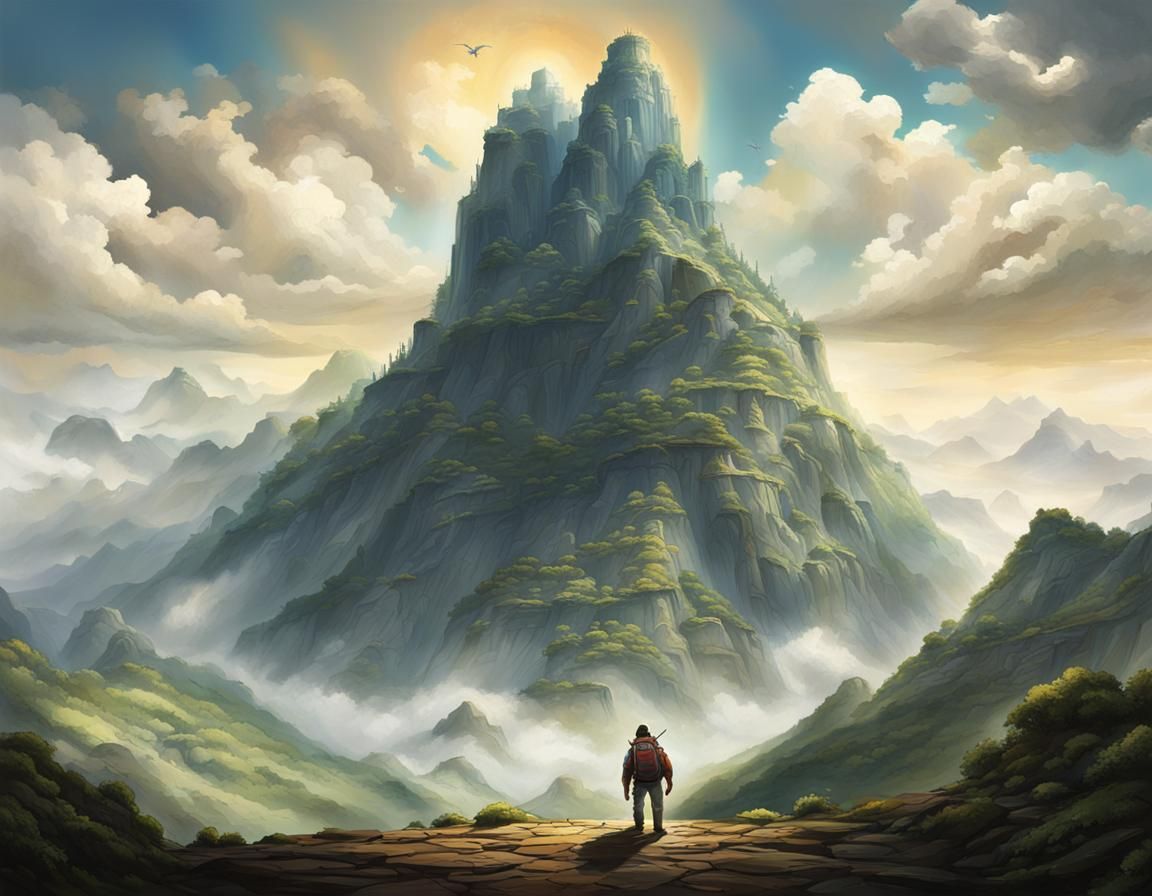 Giant Ascends Mountain: A Dark Fantasy Scene