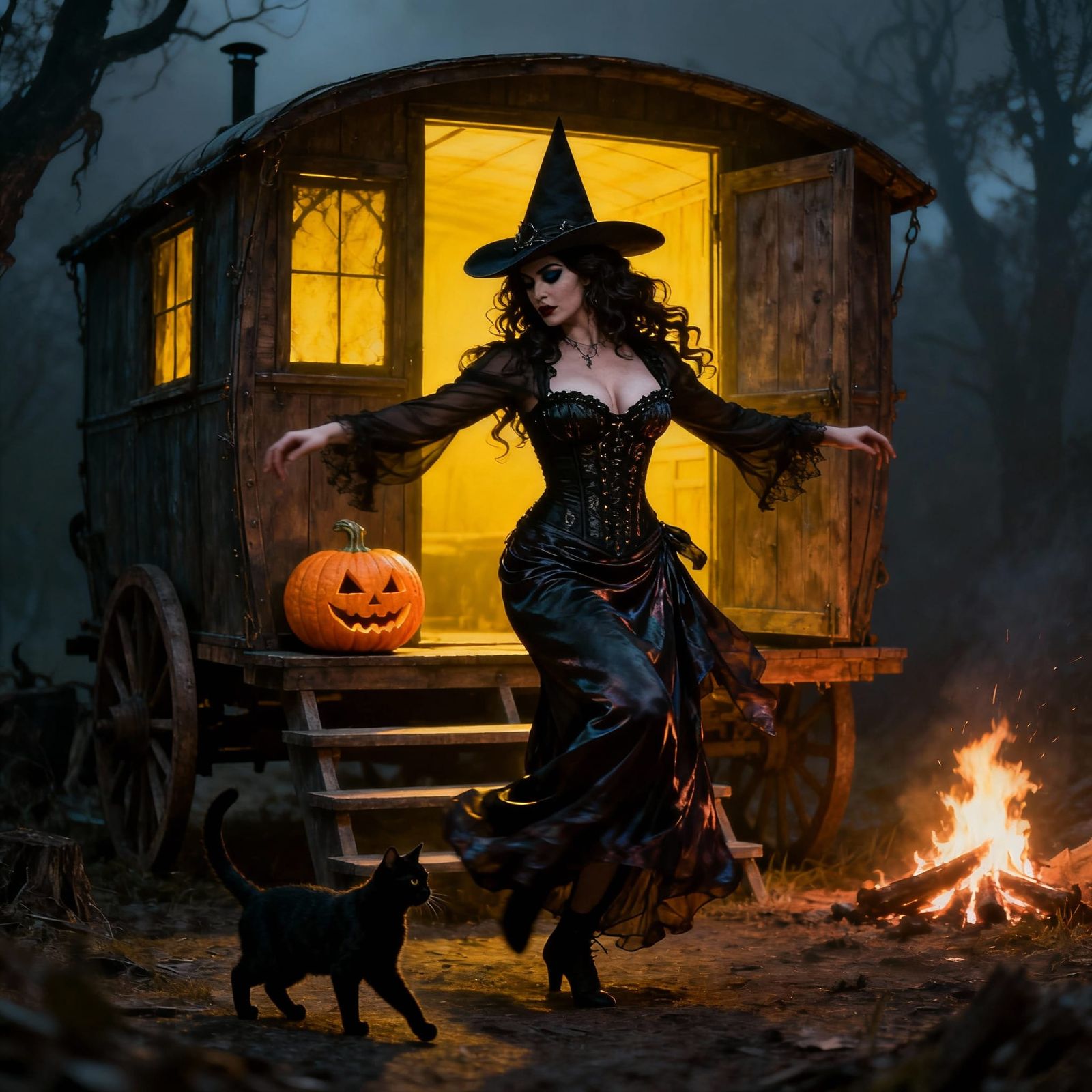 Gypsy Dancer with Black Cat in Surreal Horror Style