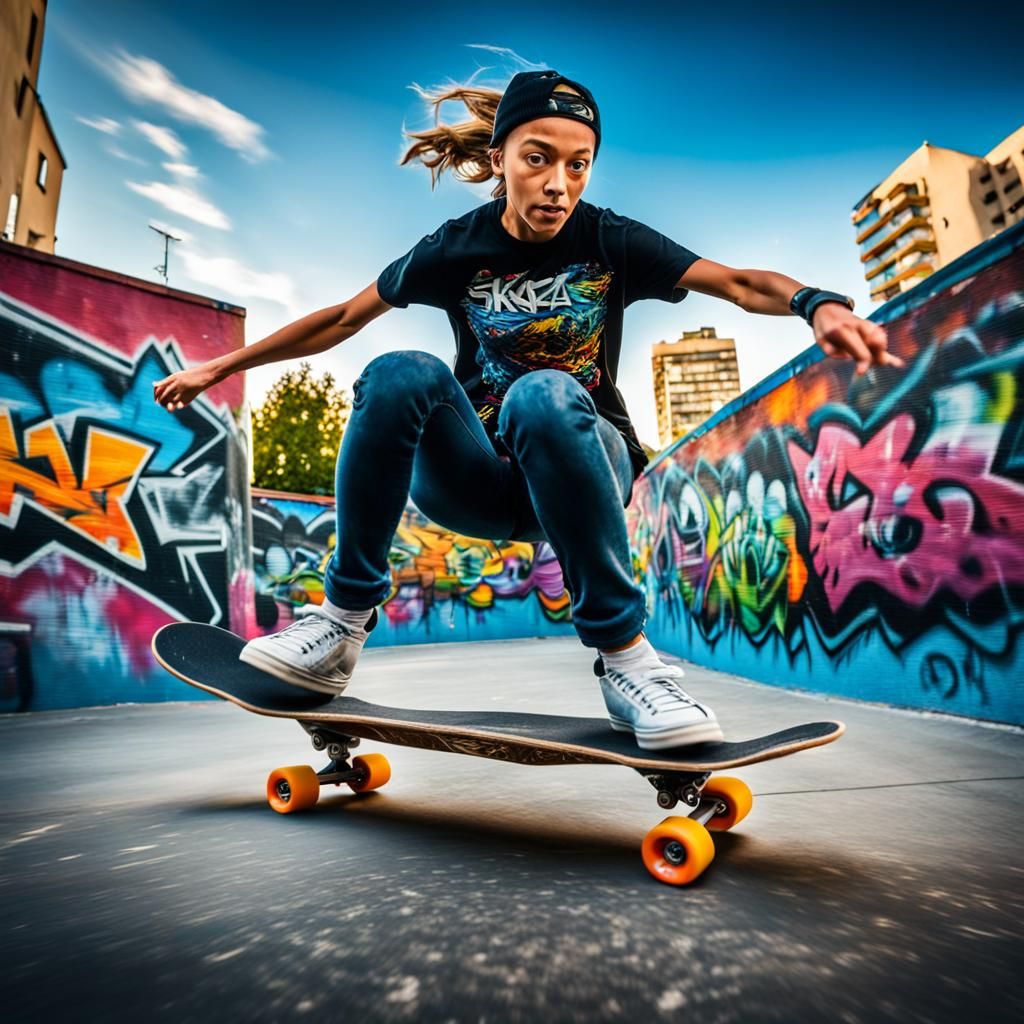 Woman Skater Mid-Air in Graffiti Skatepark