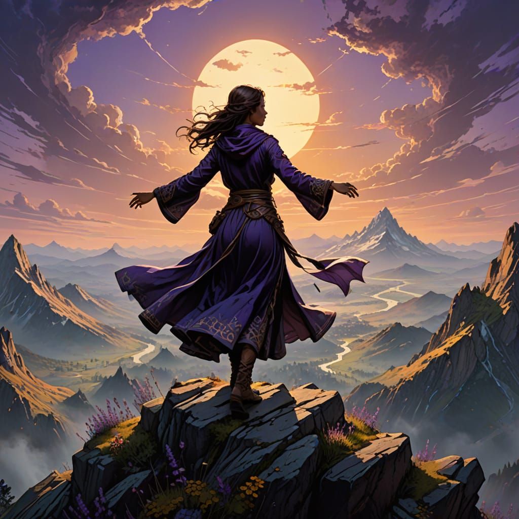 Woman Embracing the Wind on a Dark Fantasy Mountain