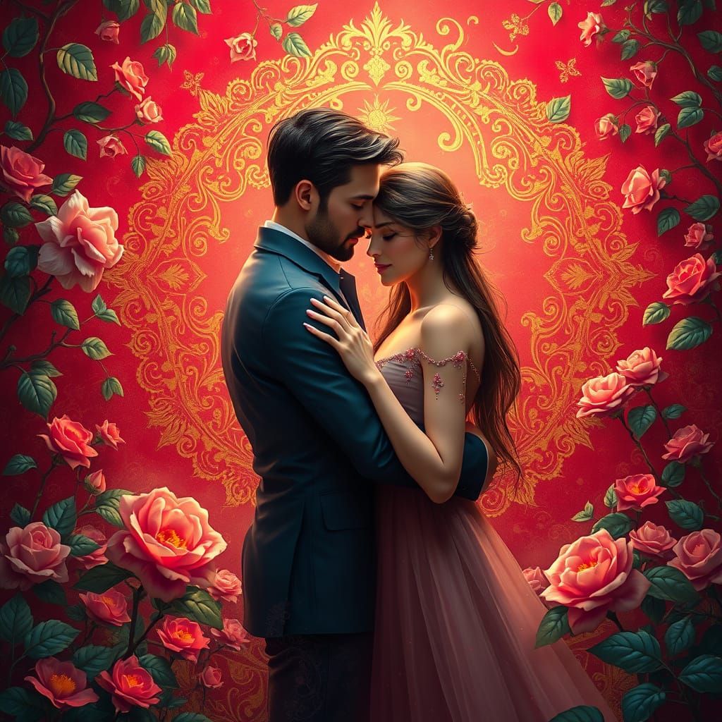 Romantic Couple Embracing in Vibrant Valentine's Day Scene