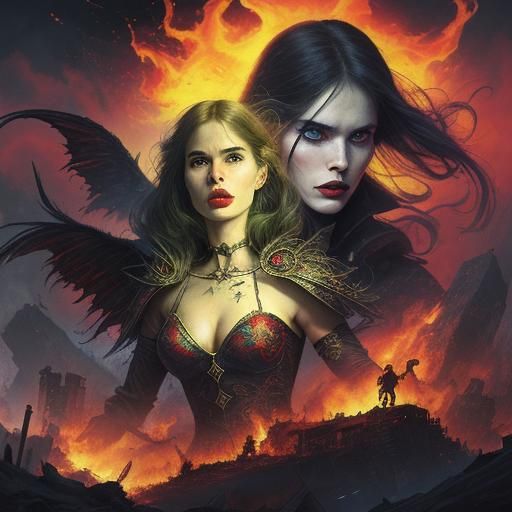 Comic Book Woman with Demonic Kitten in Pop Art