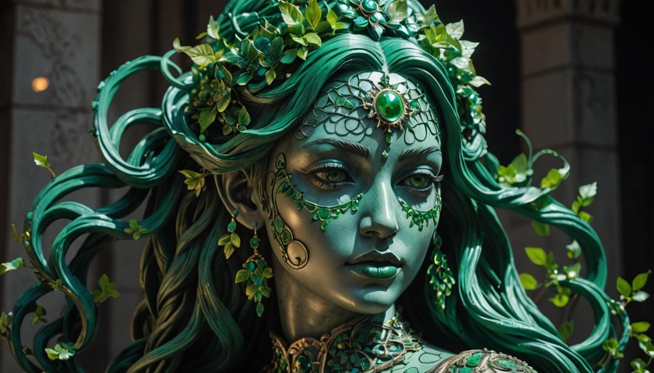 Stone Statue of Woman with Green Hair