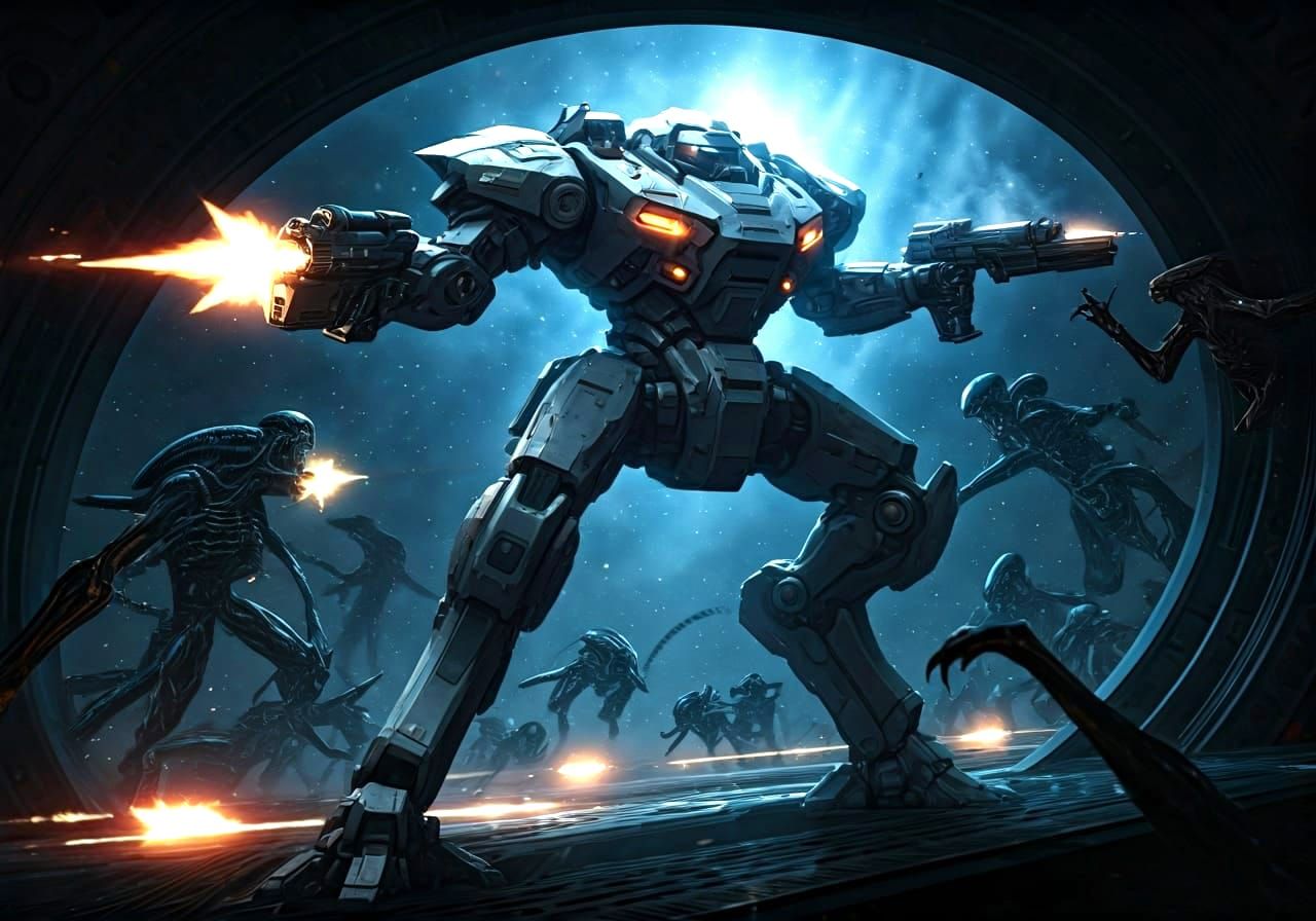 Colonial Space Marine Mech vs Aliens