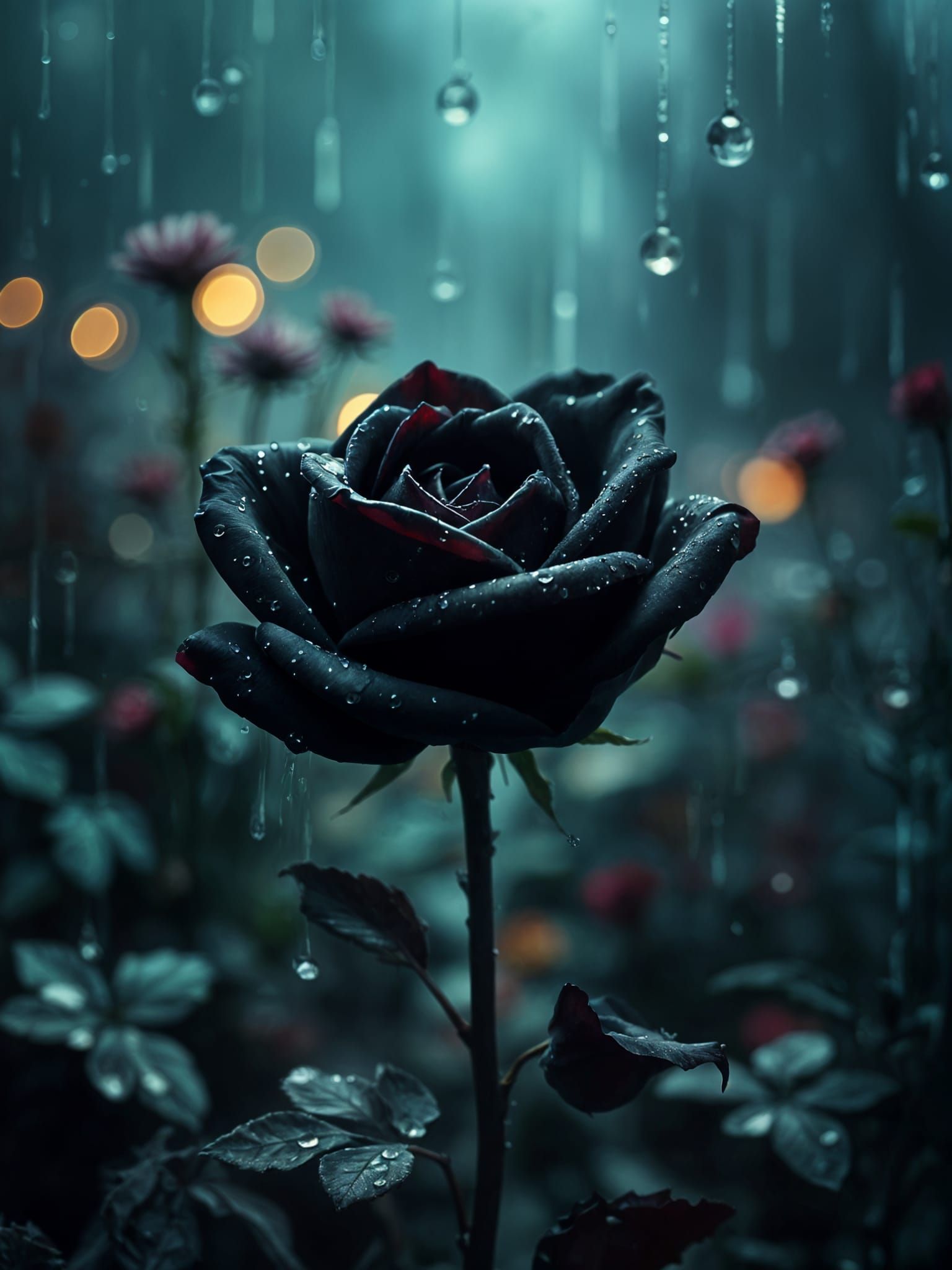 Ethereal Black Rose in a Garden of Glass and Dreams