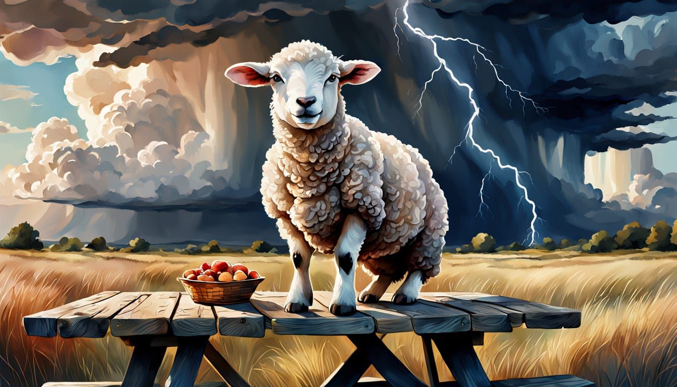 Lamb's Stormy Picnic: Whimsical Digital Watercolor Art