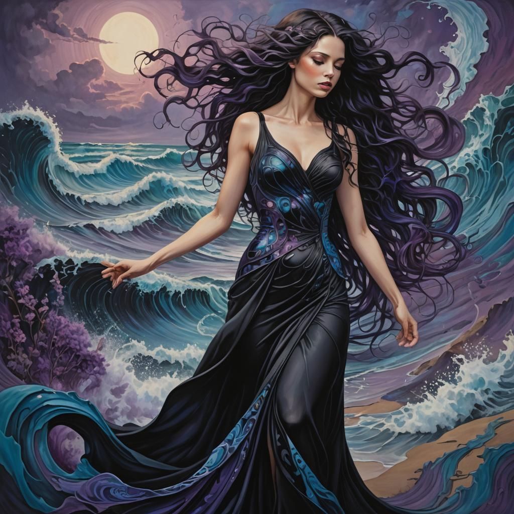 Surreal Woman in Flowing Dress, Dreamlike Scene