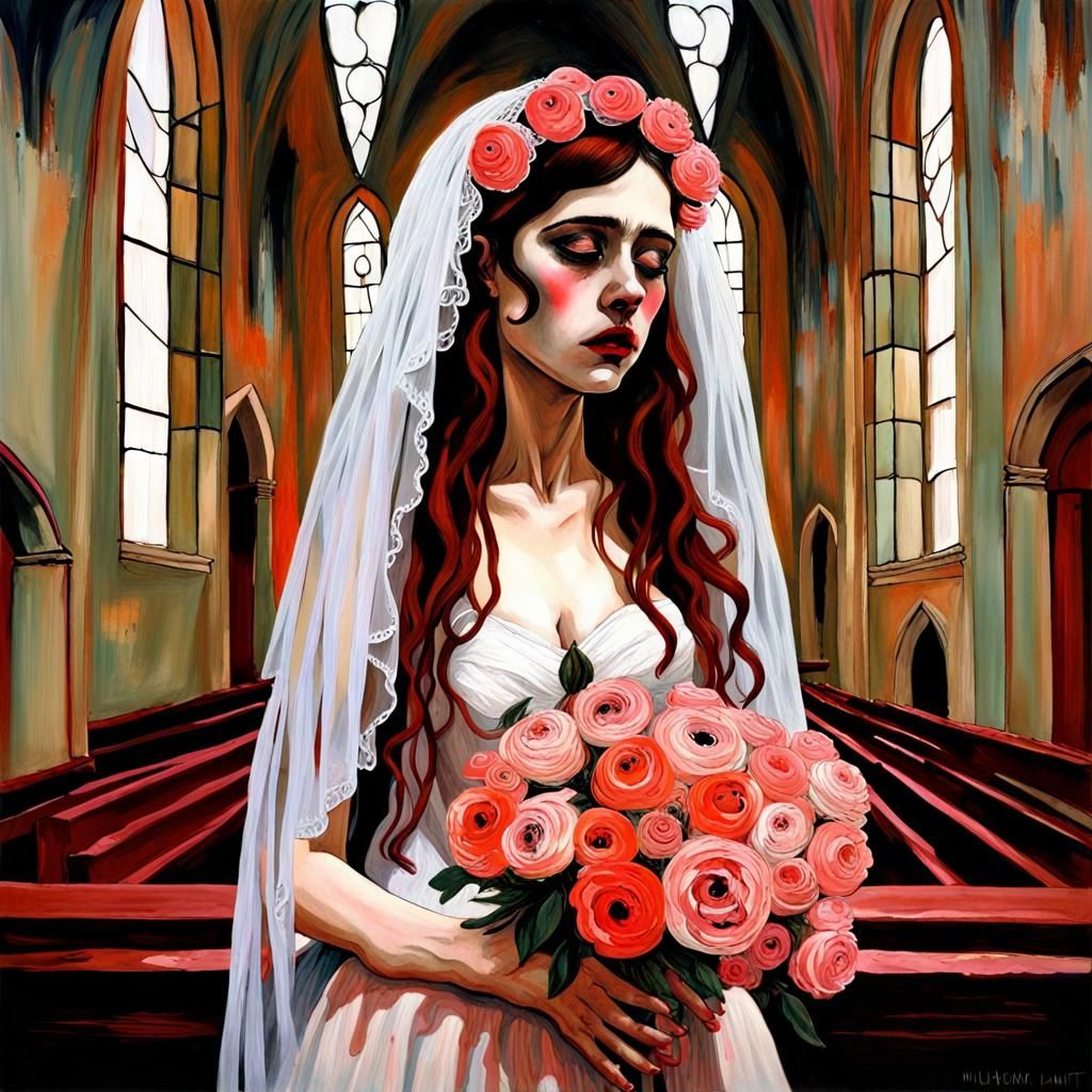 Gouache Painting of a Weeping Vampire Bride