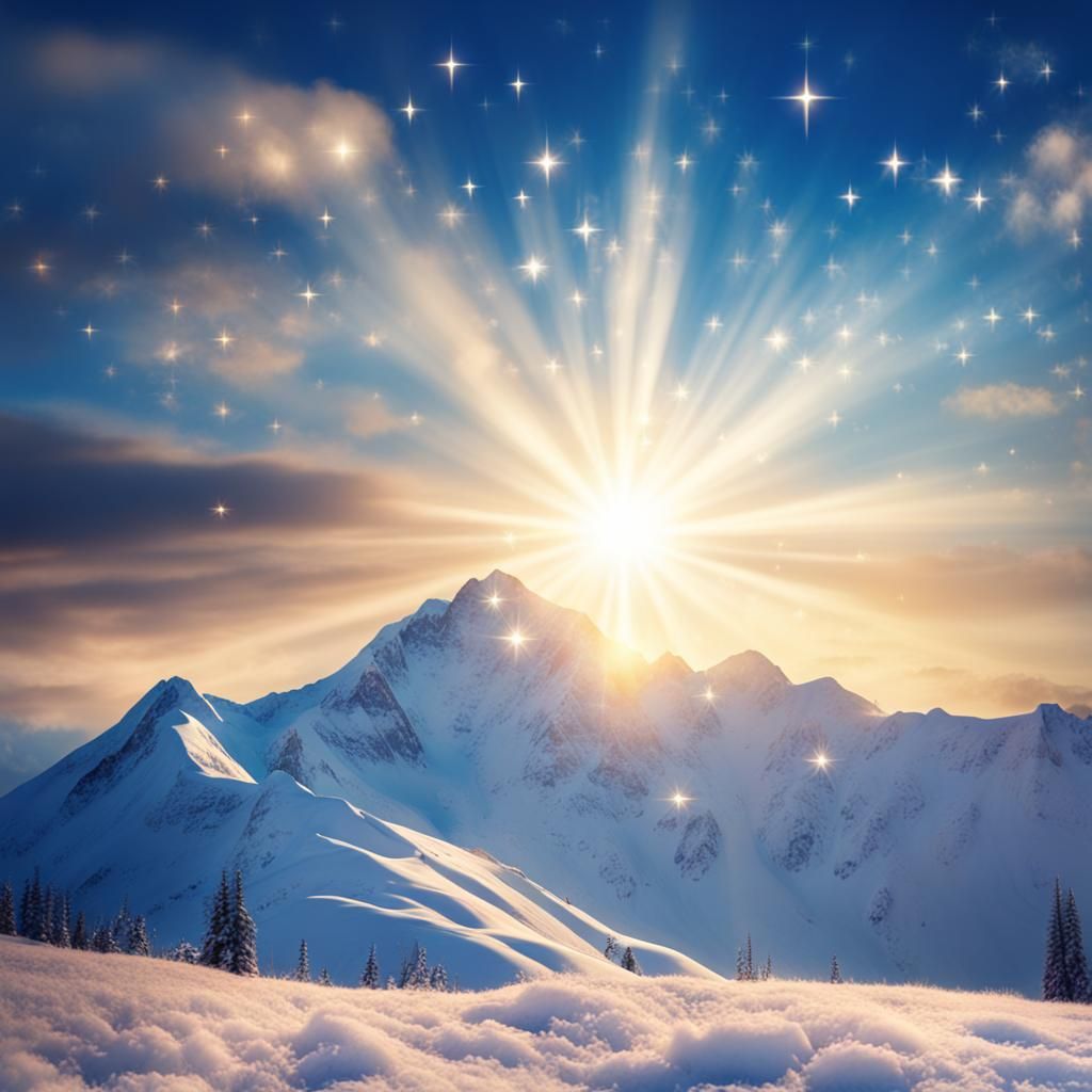 Sparkling Stars and Snowy Peaks at Sunset