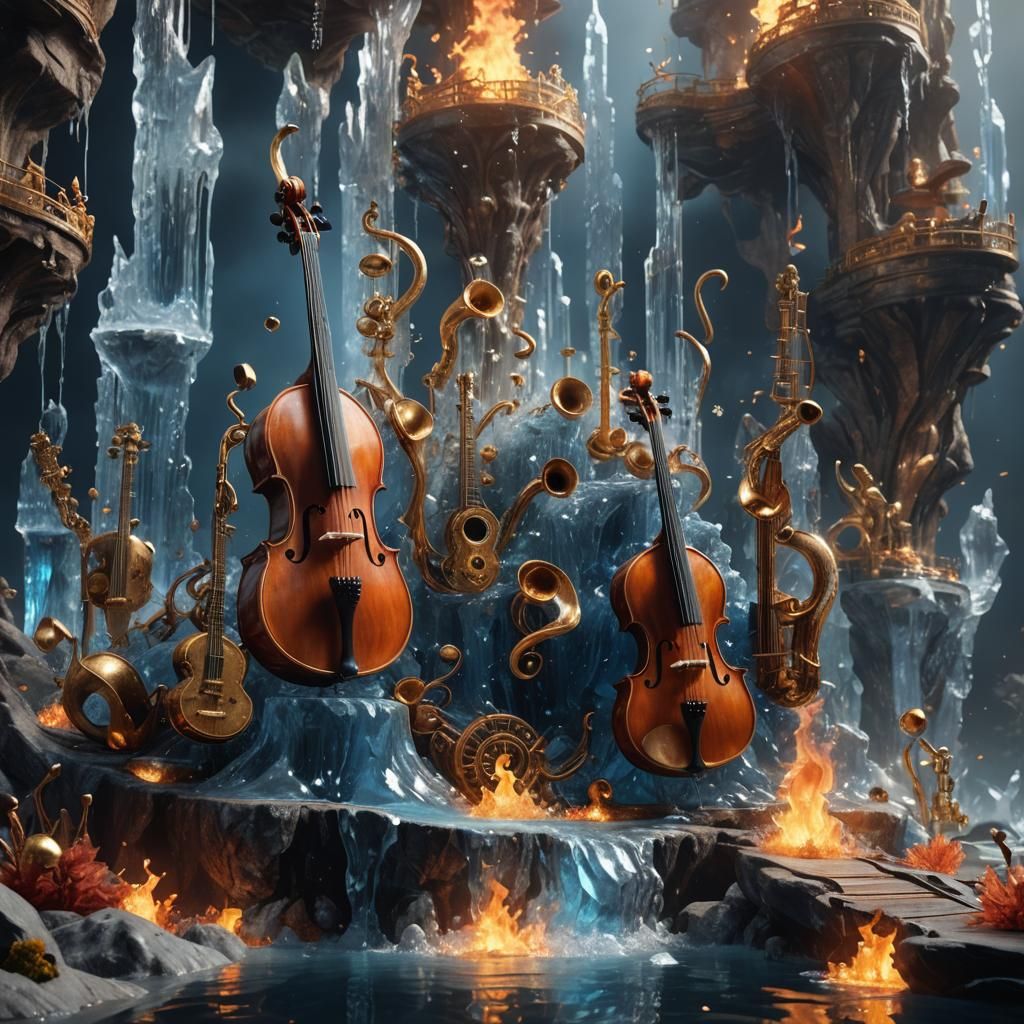 Musical instruments made of water, fire, earth and air playi...