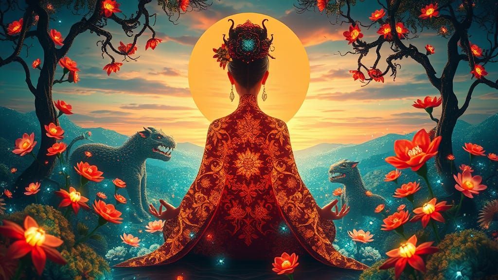 Surrealist Mystic Geisha in Dreamlike, Symbolic Landscape wi...