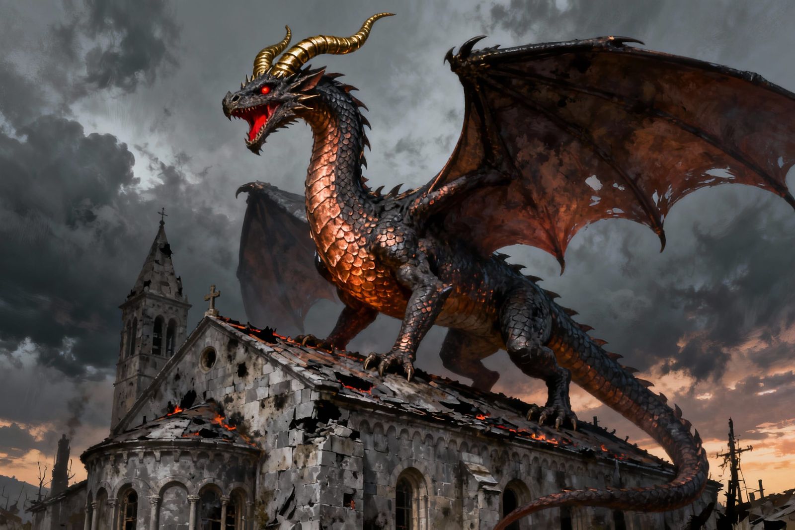 Dragon on Burned Church Roof in Stormy Light