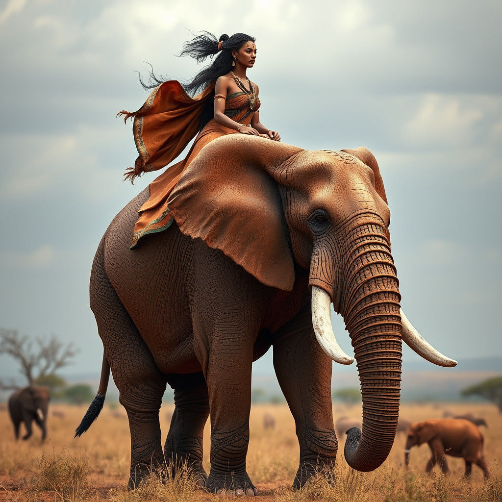 Terracotta Elephant and Rider in African Savannah